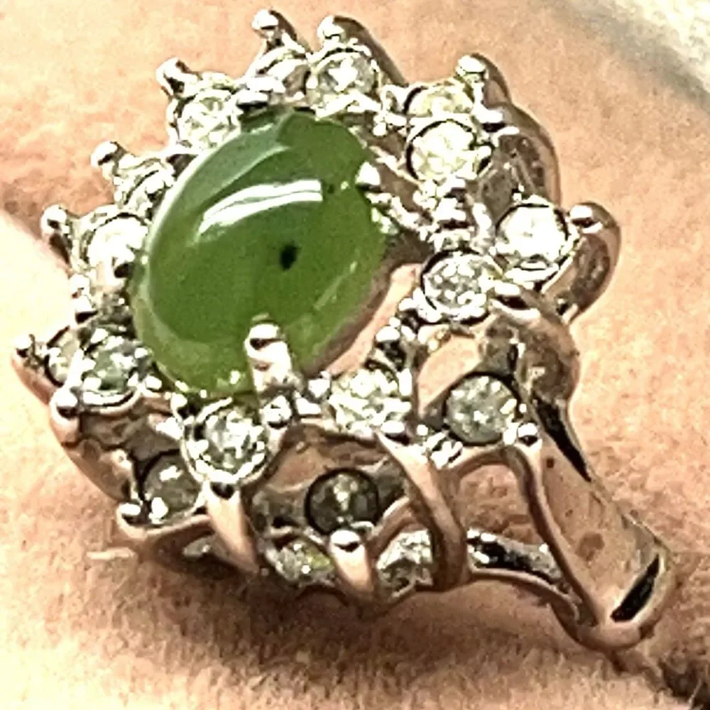 Vintage Silver Tone Jade Rhinestone Ring Size 6.25 Uncas